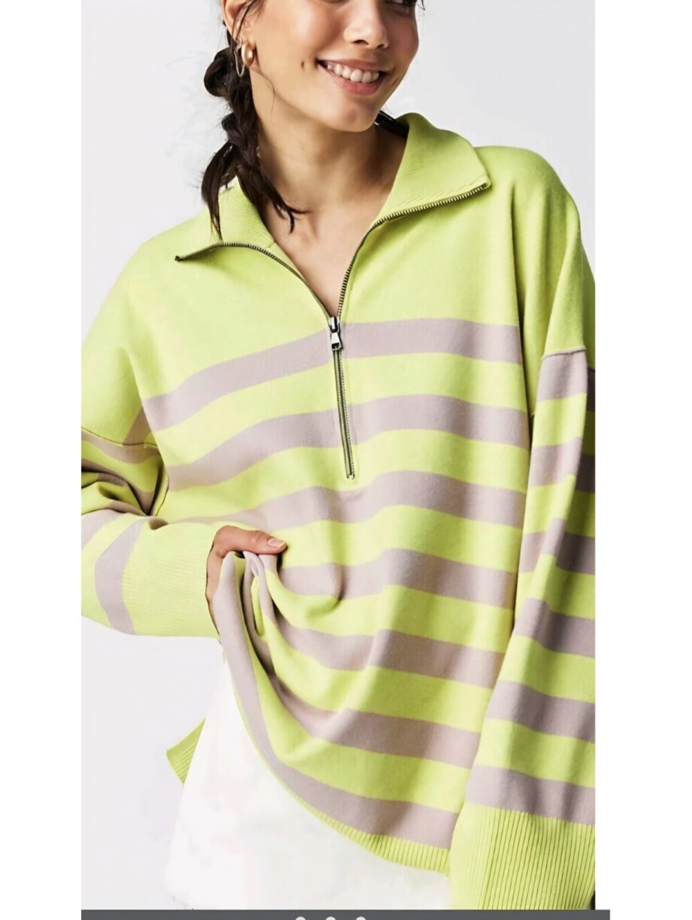FREE PEOPLE COASTAL STRIPE Lime and lavender striped quarter-zip pullover